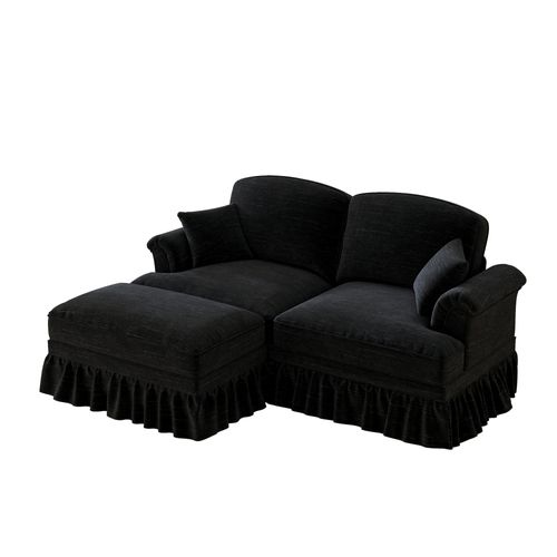 Canapé Moderne 2 Places Avec Accoudoirs Entonnoir, Pouf Et Jupe Amovible, Chenille Noir