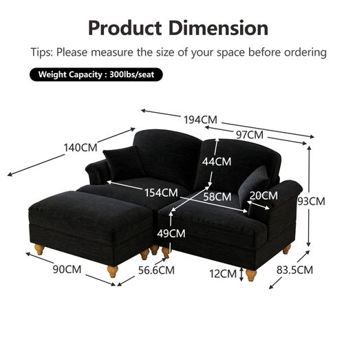 Canapé Moderne 2 Places Avec Accoudoirs Entonnoir, Pouf Et Jupe Amovible, Chenille Noir