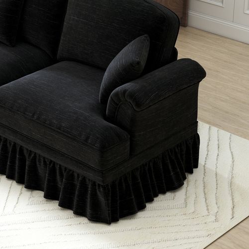 Canapé Moderne 2 Places Avec Accoudoirs Entonnoir, Pouf Et Jupe Amovible, Chenille Noir