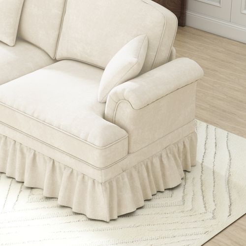 Canapé Moderne 2 Places Avec Accoudoirs Entonnoir, Pouf Et Jupe Amovible, Chenille Blanc