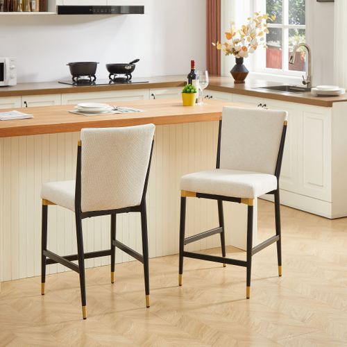 Chaise De Bar Lot De 2, Hauteur, Repose-pieds, Scandinave, Cadre Noir/doré, Assise Tissu Beige