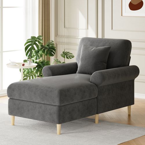 Fauteuil Lounge 1 Place Grande Taille Avec Coussin Rembourré, Velours Confortable, Gris