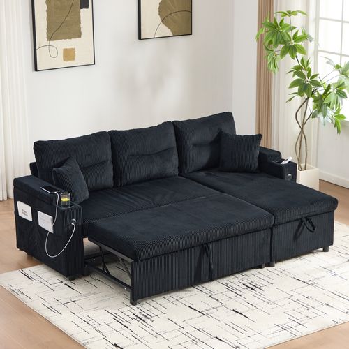 Canapé Convertible 3 Places Avec Rangement Hydraulique Et Porte-gobelet, Velours Côtelé, Noir