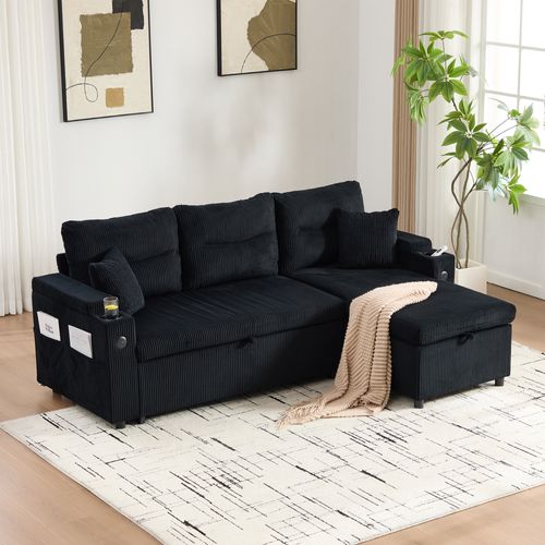 Canapé Convertible 3 Places Avec Rangement Hydraulique Et Porte-gobelet, Velours Côtelé, Noir
