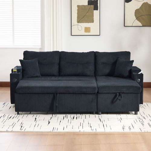 Canapé Convertible 3 Places Avec Rangement Hydraulique Et Porte-gobelet, Velours Côtelé, Noir