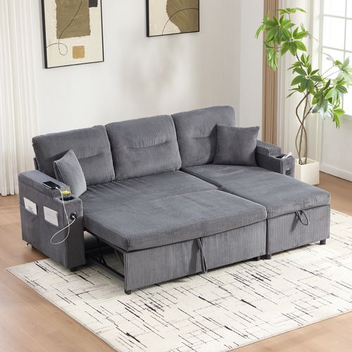 Canapé Convertible 3 Places, Rangement Hydraulique, Porte-gobelet, Velours Côtelé, Gris Anthracite