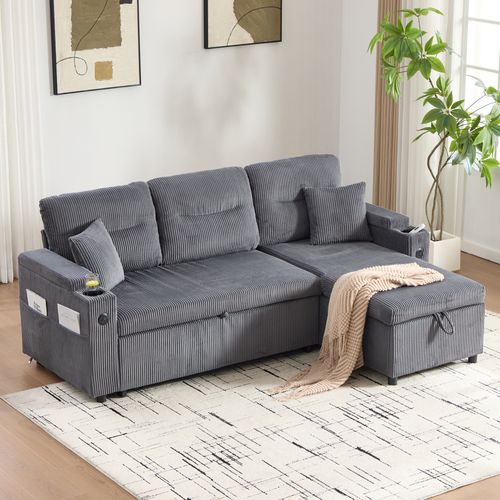 Canapé Convertible 3 Places, Rangement Hydraulique, Porte-gobelet, Velours Côtelé, Gris Anthracite