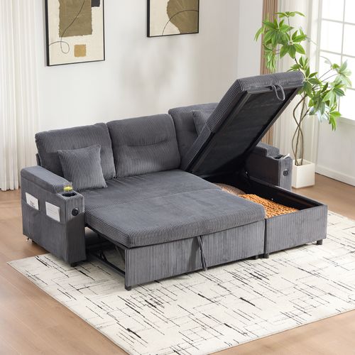 Canapé Convertible 3 Places, Rangement Hydraulique, Porte-gobelet, Velours Côtelé, Gris Anthracite