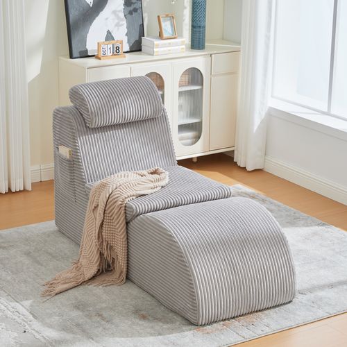 Fauteuil Lounge Avec Coussin Amovible Et Poche Latérale, Ergonomique, Velours Côtelé, Gris Clair