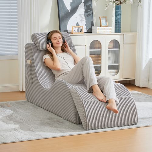 Fauteuil Lounge Avec Coussin Amovible Et Poche Latérale, Ergonomique, Velours Côtelé, Gris Clair