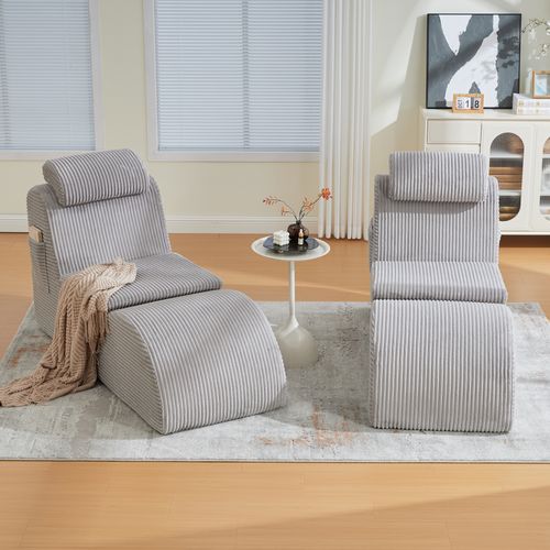 Fauteuil Lounge Avec Coussin Amovible Et Poche Latérale, Ergonomique, Velours Côtelé, Gris Clair
