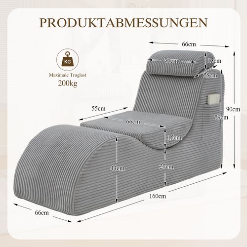 Fauteuil Lounge Avec Coussin Amovible Et Poche Latérale, Ergonomique, Velours Côtelé, Gris Clair