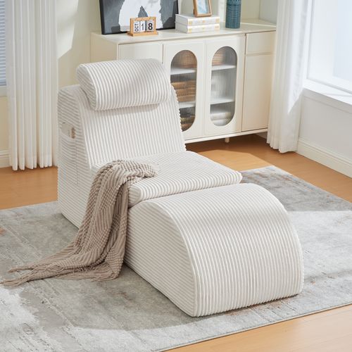 Fauteuil Lounge Avec Coussin Amovible Et Poche Latérale, Ergonomique, Velours Côtelé, Beige
