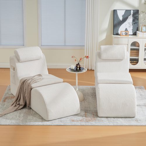 Fauteuil Lounge Avec Coussin Amovible Et Poche Latérale, Ergonomique, Velours Côtelé, Beige