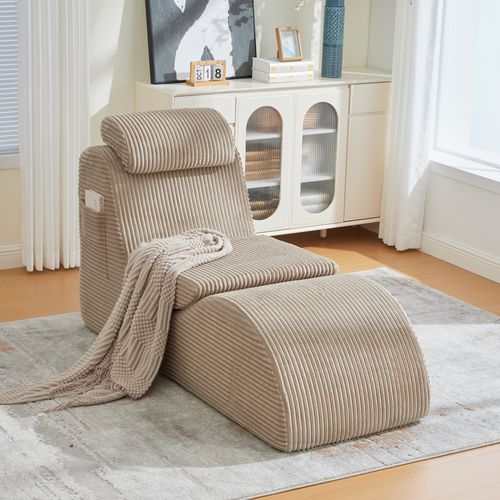 Fauteuil Lounge Avec Coussin Amovible Et Poche Latérale, Ergonomique, Velours Côtelé, Kaki
