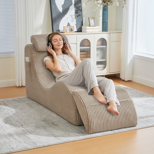 Fauteuil Lounge Avec Coussin Amovible Et Poche Latérale, Ergonomique, Velours Côtelé, Kaki