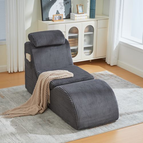 Fauteuil Lounge Avec Coussin Amovible Et Poche Latérale, Ergonomique, Velours Côtelé, Gris Foncé