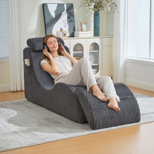 Fauteuil Lounge Avec Coussin Amovible Et Poche Latérale, Ergonomique, Velours Côtelé, Gris Foncé