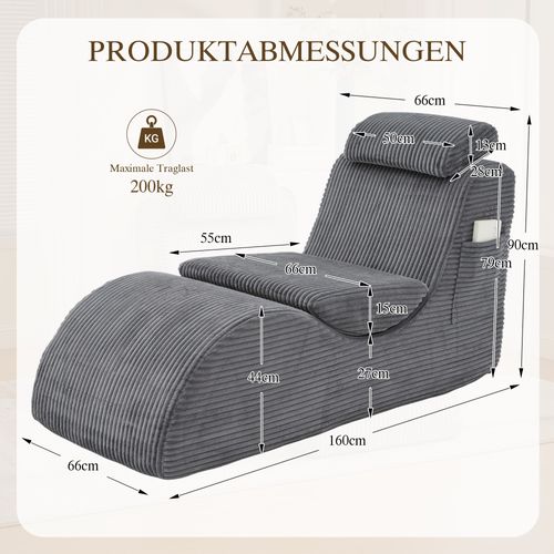 Fauteuil Lounge Avec Coussin Amovible Et Poche Latérale, Ergonomique, Velours Côtelé, Gris Foncé
