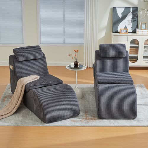 Fauteuil Lounge Avec Coussin Amovible Et Poche Latérale, Ergonomique, Velours Côtelé, Gris Foncé