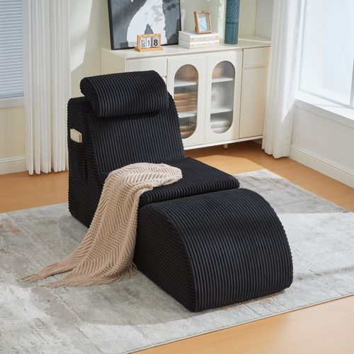 Fauteuil Lounge Avec Coussin Amovible Et Poche Latérale, Ergonomique, Velours Côtelé, Noir