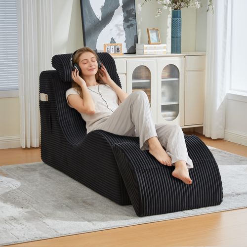 Fauteuil Lounge Avec Coussin Amovible Et Poche Latérale, Ergonomique, Velours Côtelé, Noir