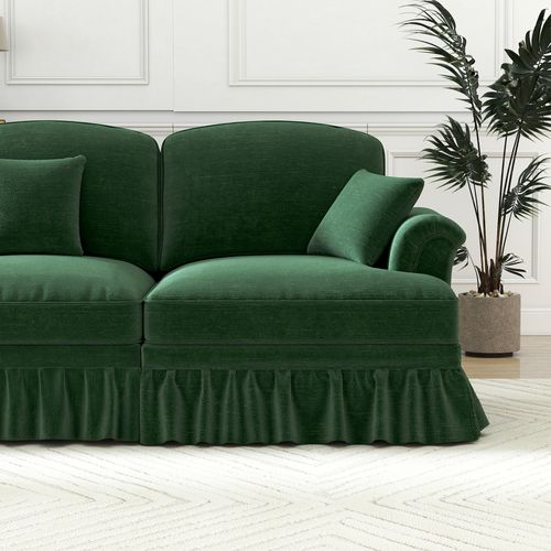 Canapé Moderne 2 Places Avec Accoudoirs Entonnoir, Pouf Et Jupe Amovible, Chenille Vert