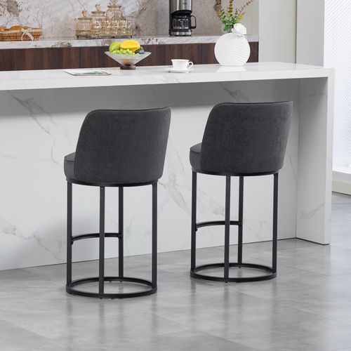 Tabouret De Bar Lot De 2, Dossier Incurvé, Revêtement Lin Gris, Pieds Métal Noir