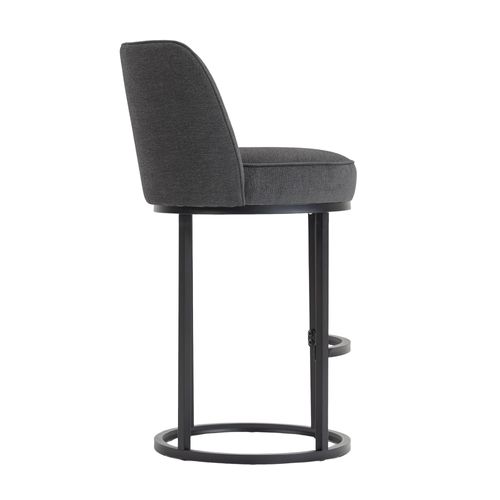 Tabouret De Bar Lot De 2, Dossier Incurvé, Revêtement Lin Gris, Pieds Métal Noir