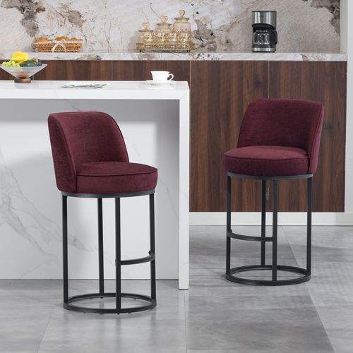 Tabouret De Bar Lot De 2, Dossier Ergonomique, Assise Rembourrée, Pieds Métal Noir, Lin Bordeaux