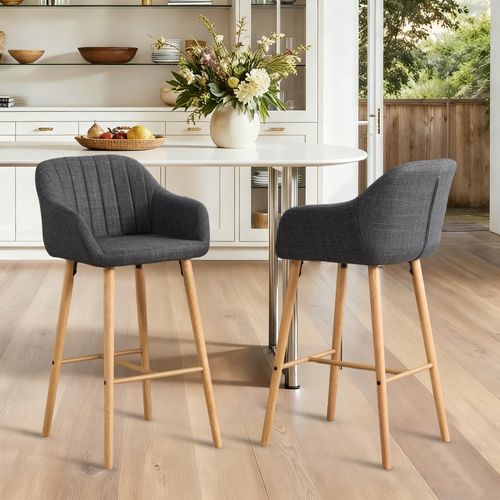 Tabouret De Bar Lot De 2, Dossier Haut, Accoudoirs, Assise Confortable, Pieds Bois, Lin Noir