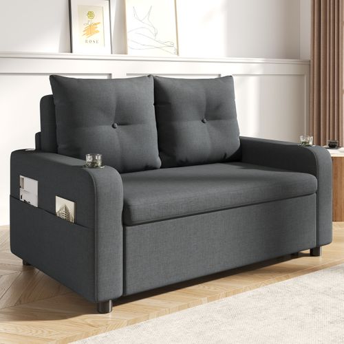 Canapé 3-en-1 Convertible Avec Couchage, Porte-gobelets, USB, Tissu Coton-lin, Gris