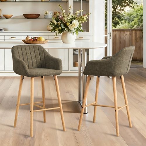 Tabouret De Bar Lot De 2, Dossier Haut, Accoudoirs, Assise Confortable, Pieds Bois, Lin Vert