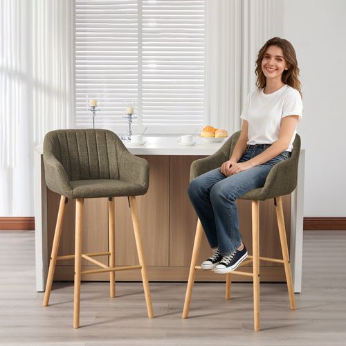 Tabouret De Bar Lot De 2, Dossier Haut, Accoudoirs, Assise Confortable, Pieds Bois, Lin Vert