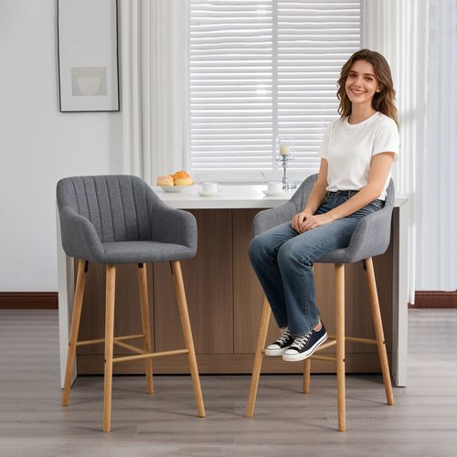Tabouret De Bar Lot De 2, Dossier Haut, Accoudoirs, Assise Confortable, Pieds Bois, Lin Gris