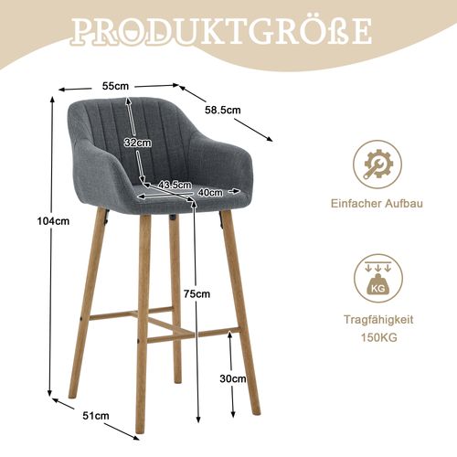 Tabouret De Bar Lot De 2, Dossier Haut, Accoudoirs, Assise Confortable, Pieds Bois, Lin Gris