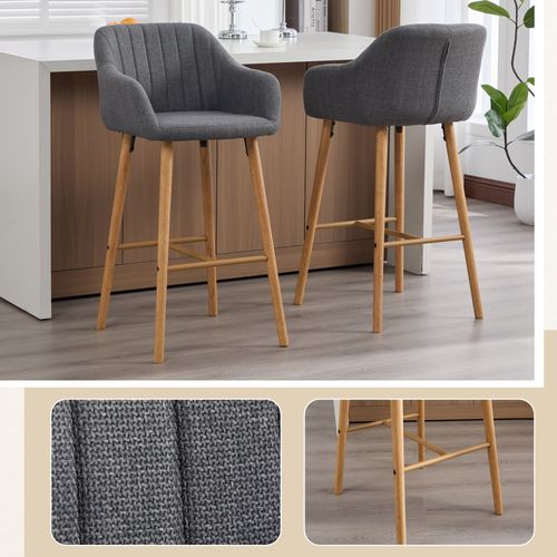 Tabouret De Bar Lot De 2, Dossier Haut, Accoudoirs, Assise Confortable, Pieds Bois, Lin Gris