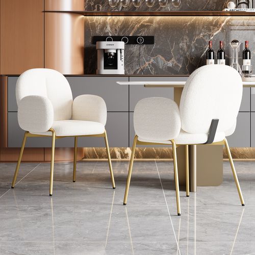 Chaise De Salle à Manger Lot De 2 - Avec Accoudoirs Et Pieds Dorés, Assise Tissu Teddy Doux, Beige