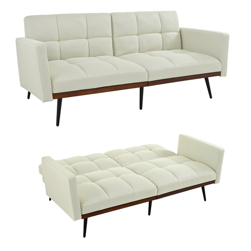 Canapé Convertible 2 Places, Dossier 5 Positions, Accoudoirs Fixes, Lin Mélangé, Pieds Métal, Beige