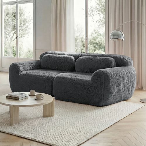Canapé Droit 2 Places, Assise Moelleuse, Mousse Haute Résilience, Tissu Peluche, Coussins, Gris