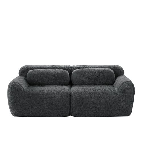 Canapé Droit 2 Places, Assise Moelleuse, Mousse Haute Résilience, Tissu Peluche, Coussins, Gris