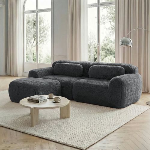 Canapé D’angle 2 Places, Pouf, Assise Moelleuse, Mousse Haute Résilience, Coussins, Peluche, Gris