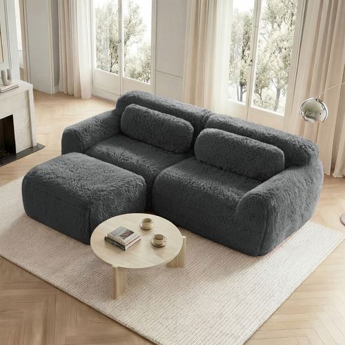 Canapé D’angle 2 Places, Pouf, Assise Moelleuse, Mousse Haute Résilience, Coussins, Peluche, Gris