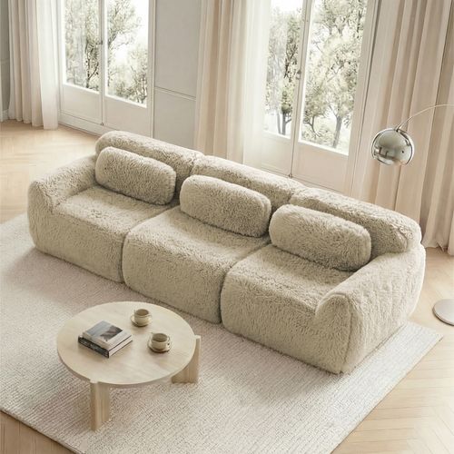 Canapé Compressé 3 Places, Tissu Peluche, Kaki