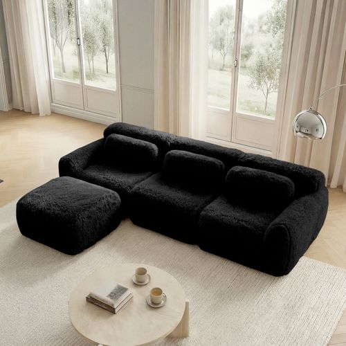 Canapé D’angle Compressé 3 Places Avec Pouf, Tissu Peluche, Noir