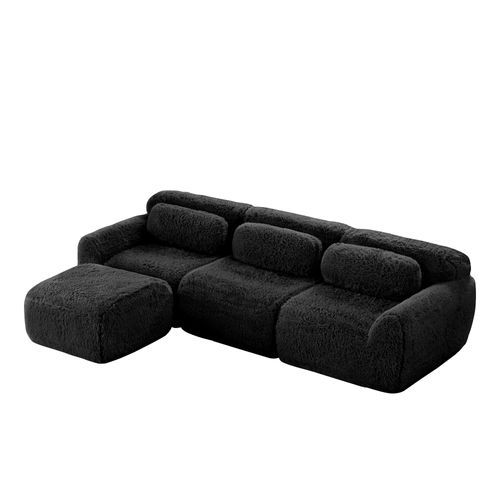 Canapé D’angle Compressé 3 Places Avec Pouf, Tissu Peluche, Noir