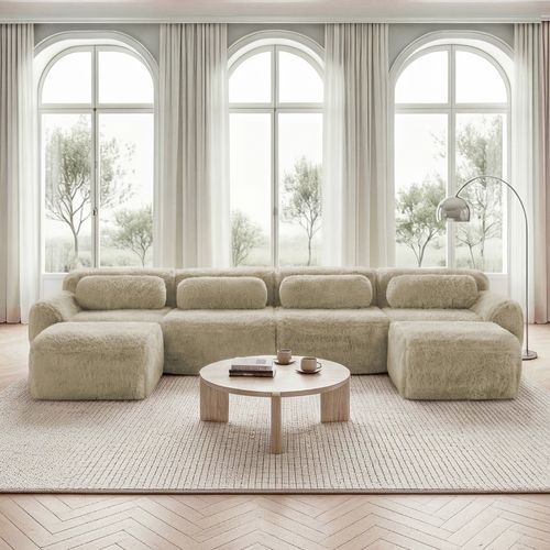 Canapé 4 Places En U, 2 Poufs, Mousse Haute Résilience, Coussins, Sans Montage, Peluche, Kaki Clair