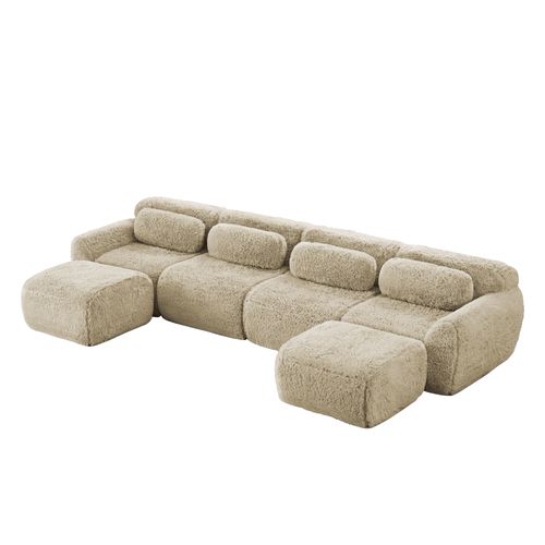 Canapé 4 Places En U, 2 Poufs, Mousse Haute Résilience, Coussins, Sans Montage, Peluche, Kaki Clair