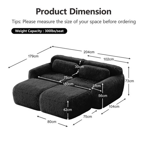 Canapé Compressé 2 Places Avec 2 Poufs, Peluche, Noir
