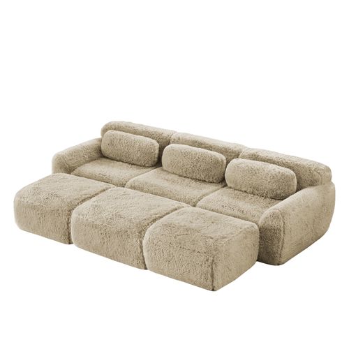 Canapé Compressé 3 Places Avec 3 Poufs, Tissu Peluche, Kaki